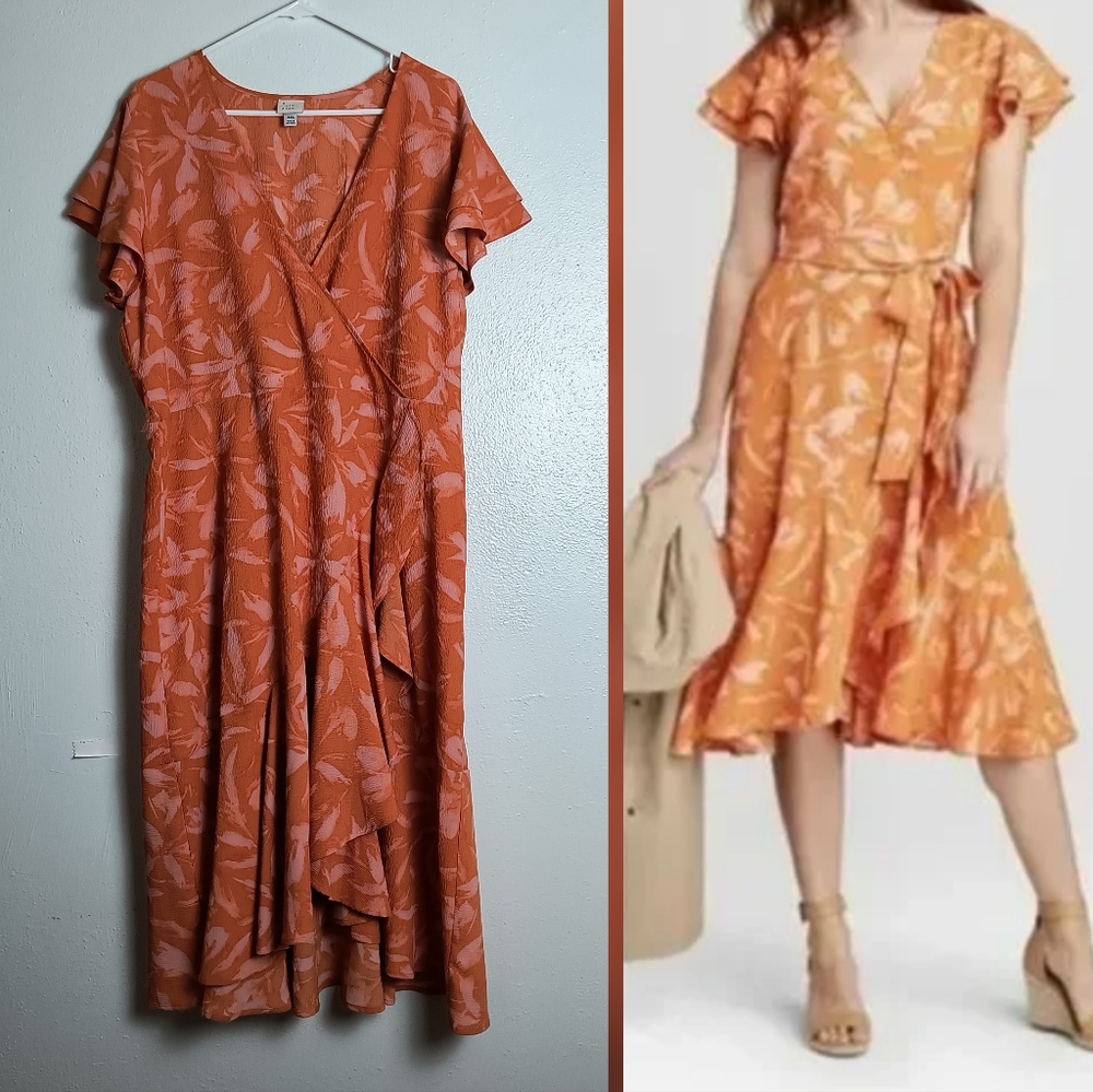a.new day Wrap Ruffle Midi Dress Size XXL Spicy Pumpkin